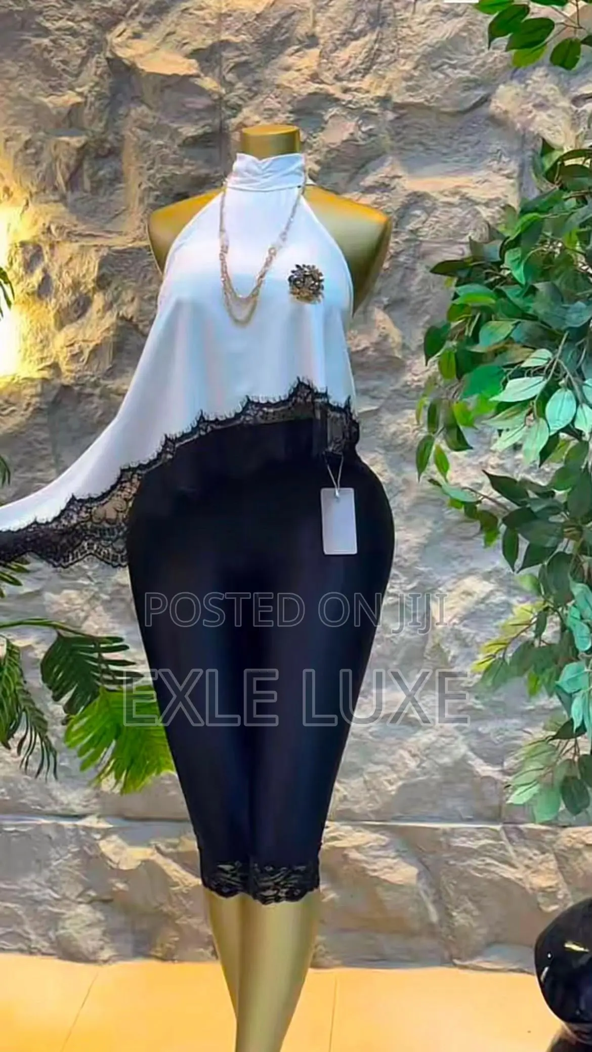 White Halter Top Black Capri Leggings Set – Ladies Two-Piece