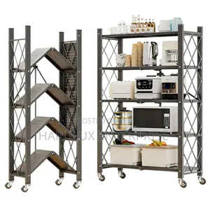 5 Tier Foldable Metal Storage Rack With Wheels Kitchen Bookshelf