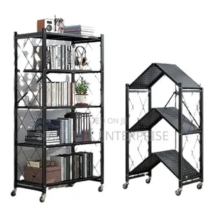 5 Tier Foldable Metal Storage Rack With Wheels Kitchen Bookshelf