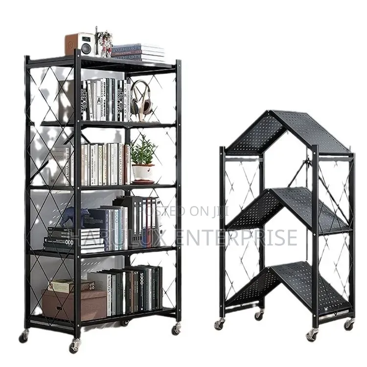 5 Tier Foldable Metal Storage Rack With Wheels Kitchen Bookshelf