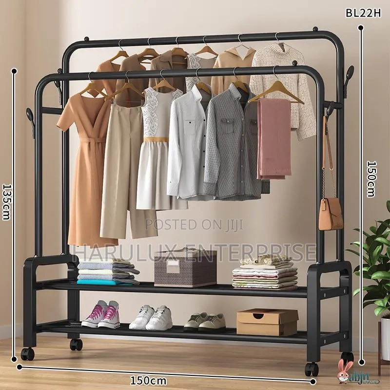 Double Pole Clothes Hanger Rack 150x150cm Metal Garment Rack Wheels
