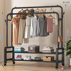 Double Pole Clothes Hanger Rack 150x150cm Metal Garment Rack Wheels