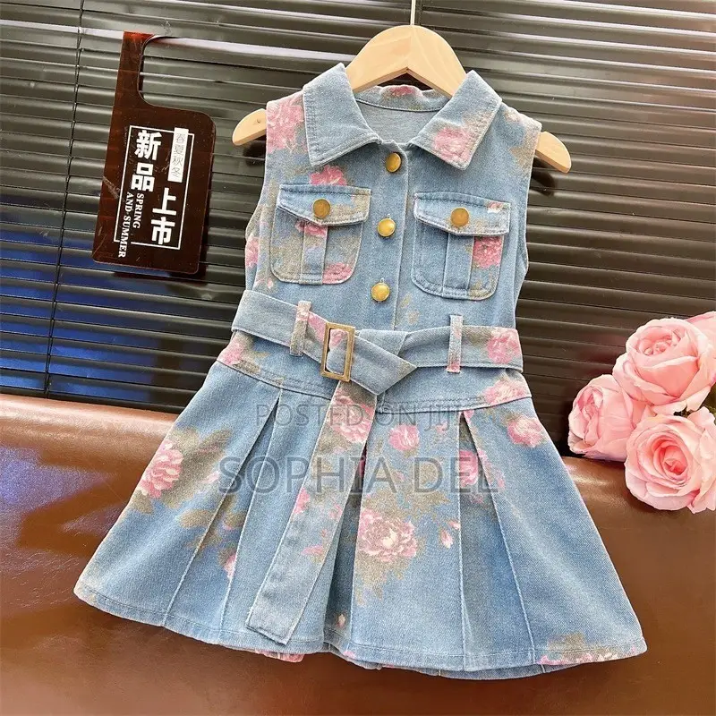 Gorgeous Girls’ Floral Denim Dress With Belt | Sizes 110–140