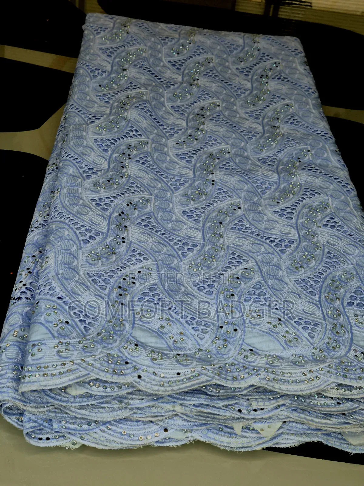 Exquisite Light Blue Swiss Voile Lace With Rhinestones