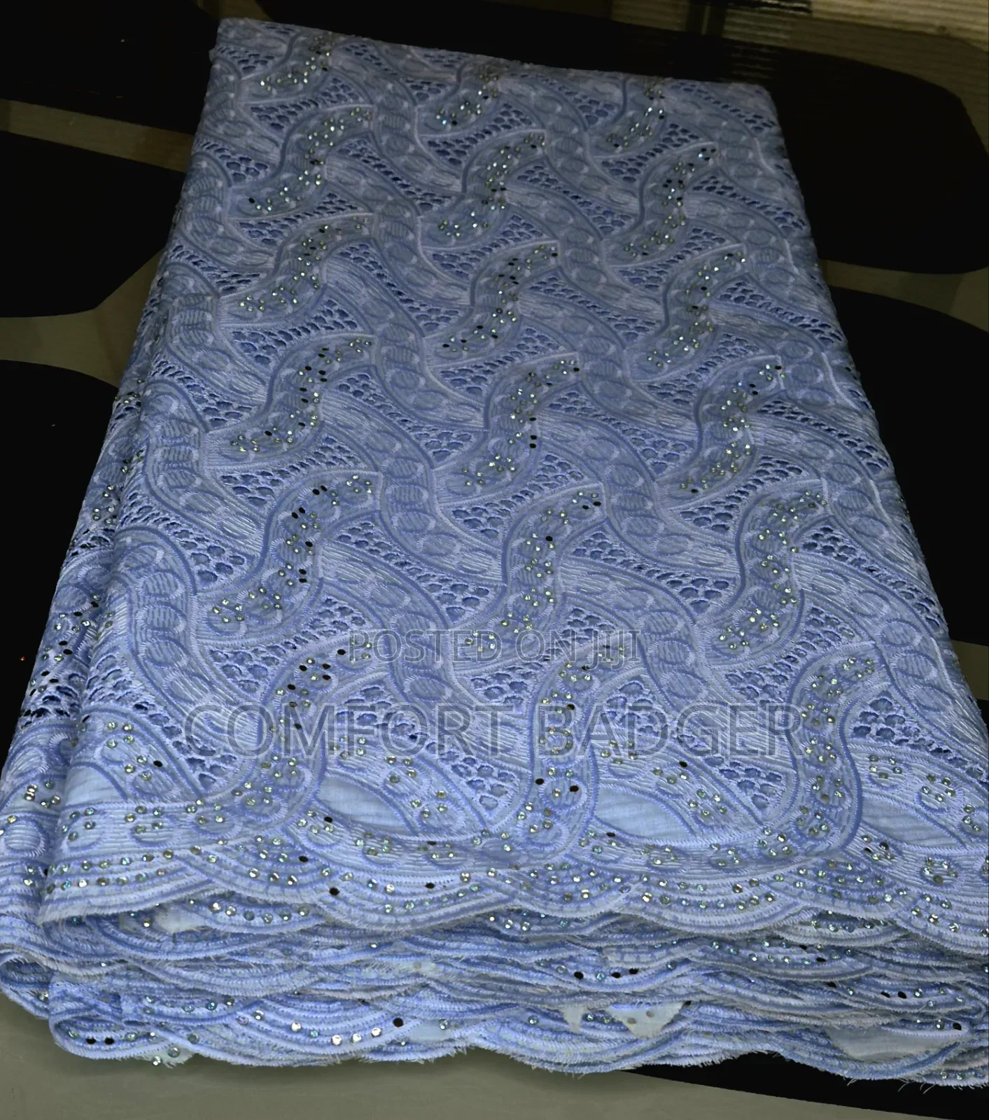 Exquisite Light Blue Swiss Voile Lace With Rhinestones