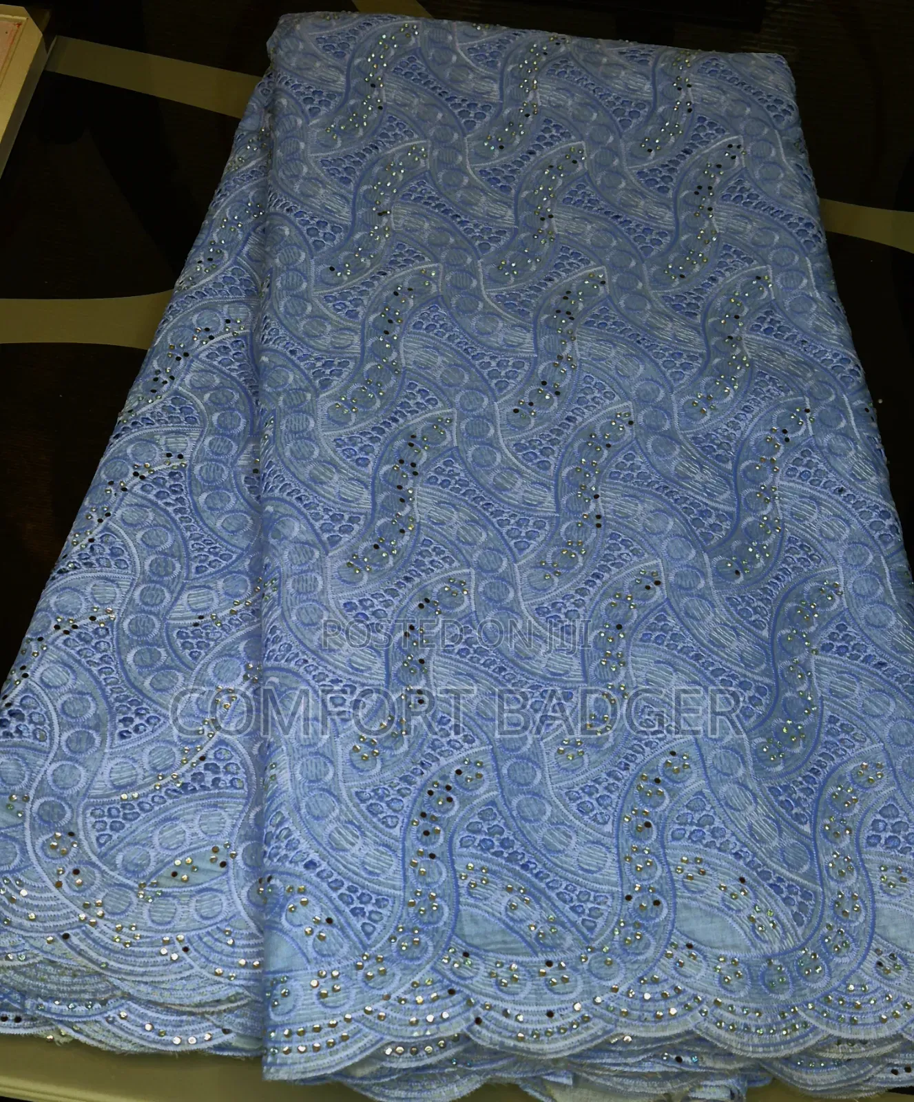 Exquisite Light Blue Swiss Voile Lace With Rhinestones