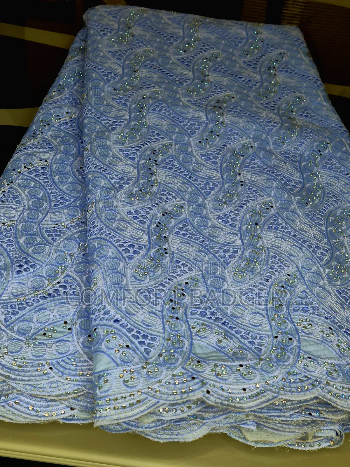 Exquisite Light Blue Swiss Voile Lace With Rhinestones