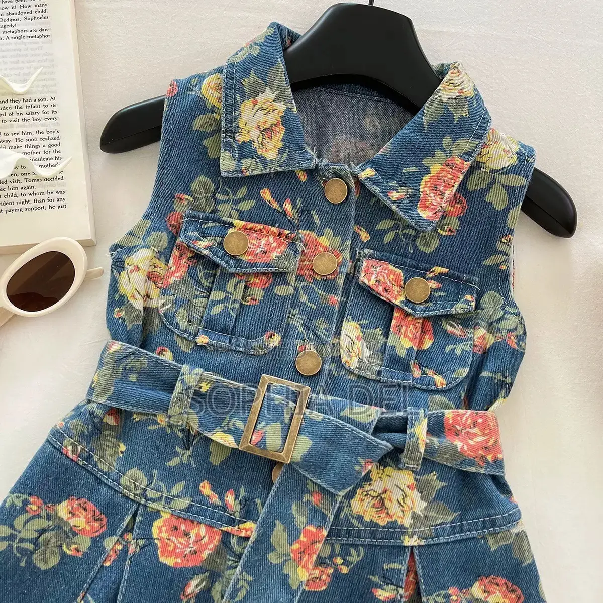 Premium Girls’ Denim Dress | Floral Design + Belt | 4–10 Years