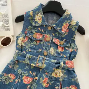 Premium Girls’ Denim Dress | Floral Design + Belt | 4–10 Years