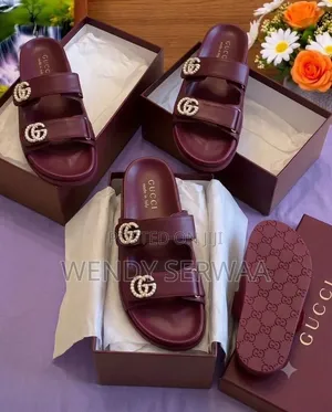 Ladies Gucci Double Strap Pearl Slide - Burgundy Wine Luxury Sippers