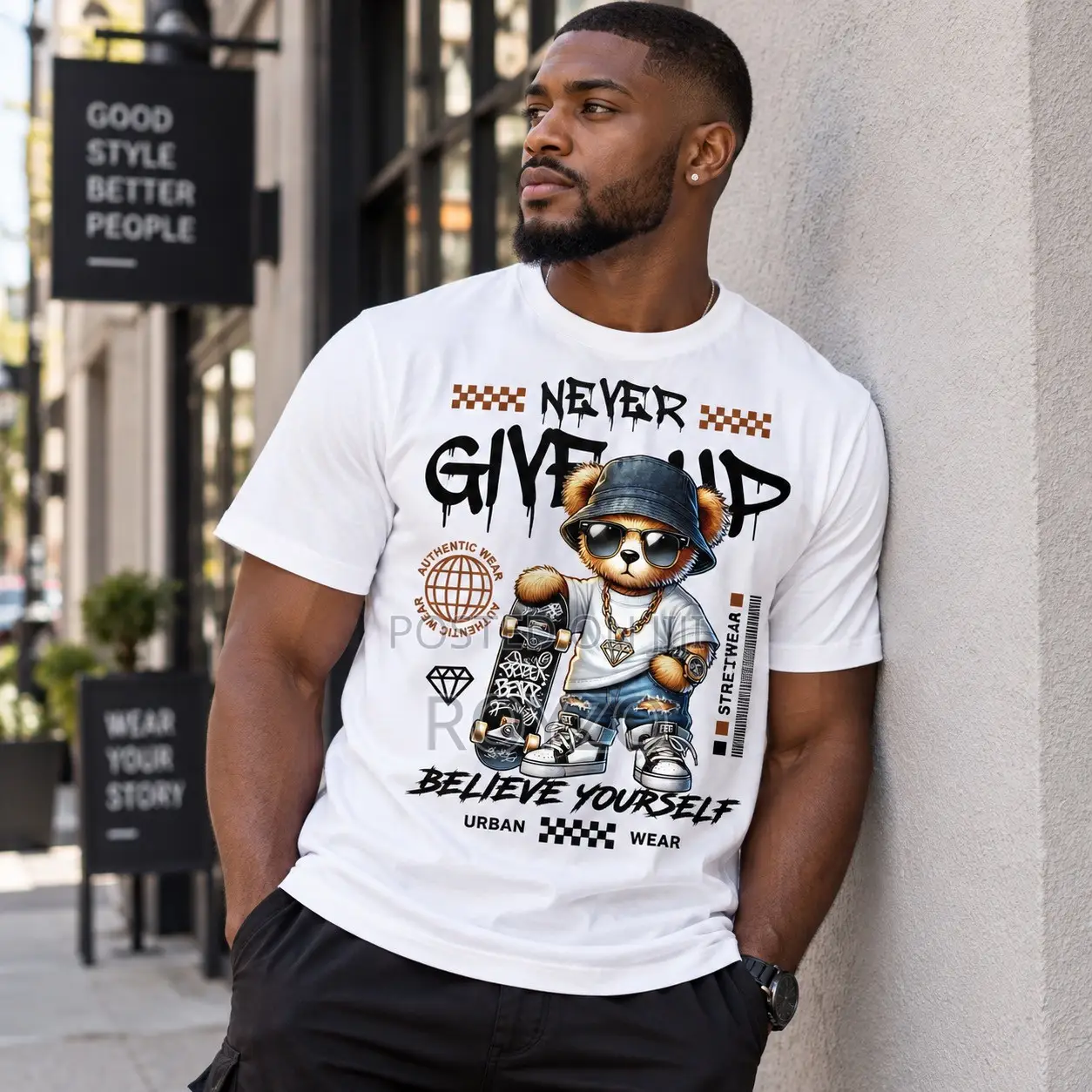 100% Cotton, Bear Graphic Print T-Shirt, Men's T-Shirt, Short Sleeve