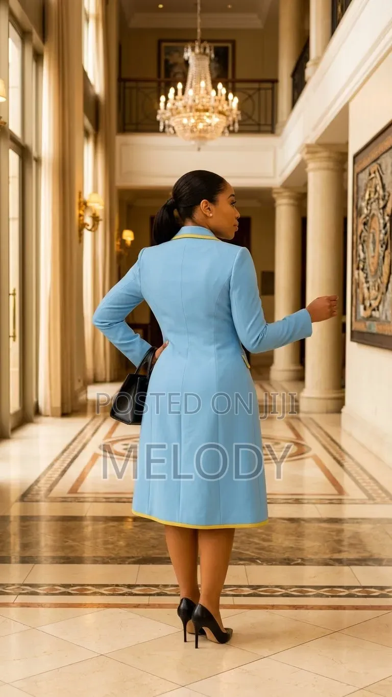 Light Blue Tailored Suit Dress Set With Yellow Trim