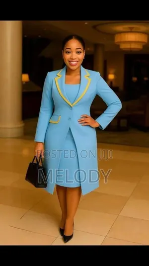 Light Blue Tailored Suit Dress Set With Yellow Trim