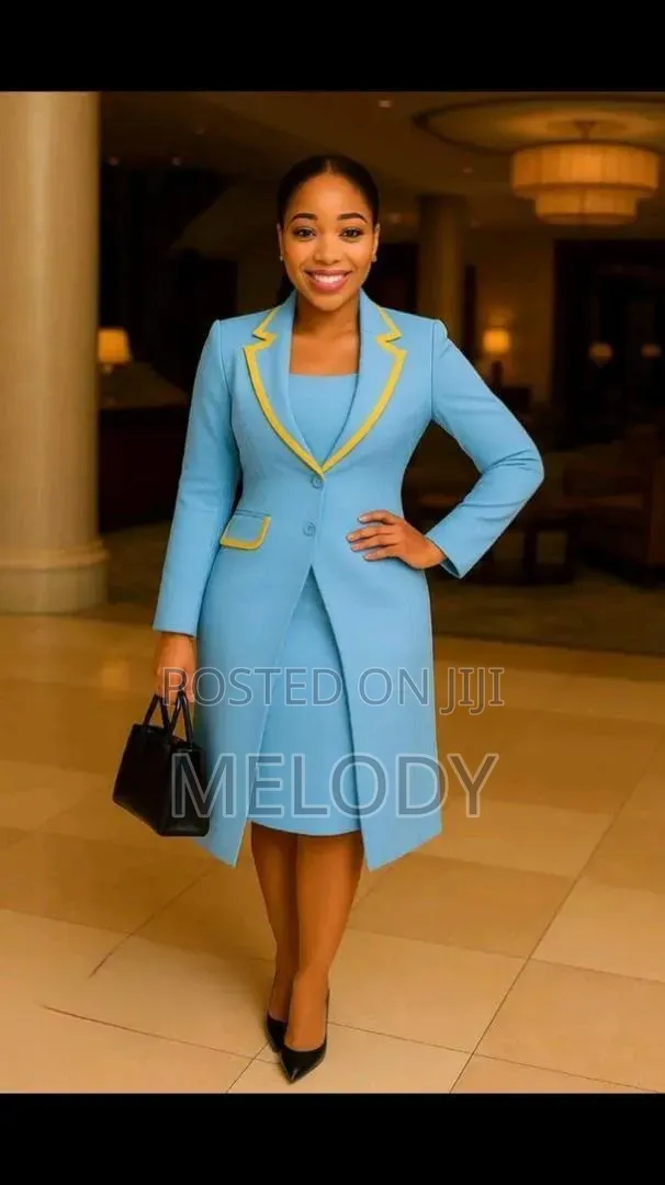 Light Blue Tailored Suit Dress Set With Yellow Trim