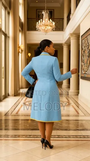 Light Blue Tailored Suit Dress Set With Yellow Trim