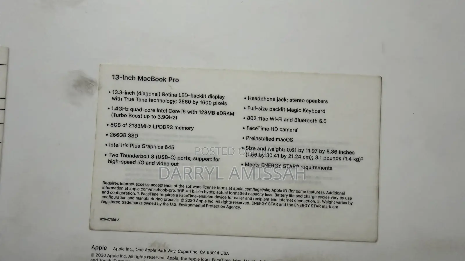 Laptop Apple MacBook Pro 2020 8GB Intel Core i5 SSD 256GB