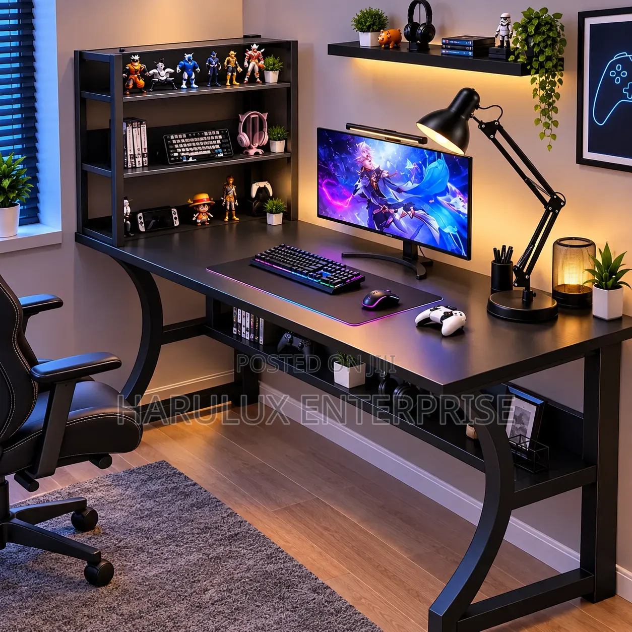 4-in-1 Gaming Desk Combo With Shelf, Desk Lamp Laptop Stand (Black)