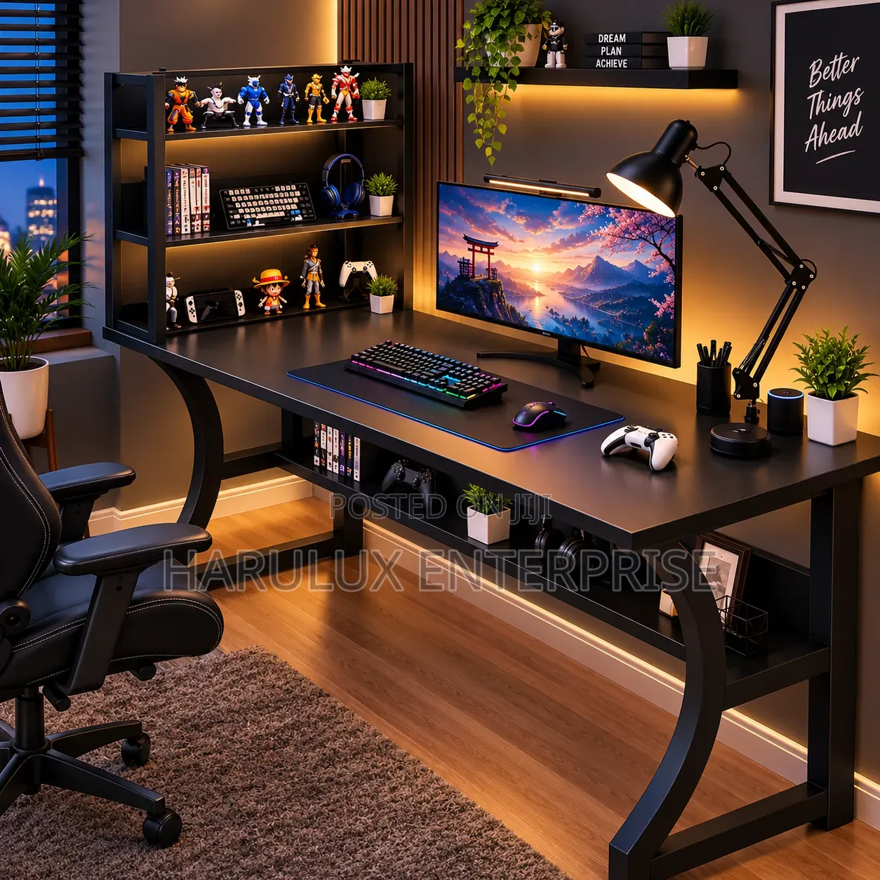 4-in-1 Gaming Desk Combo With Shelf, Desk Lamp Laptop Stand (Black)