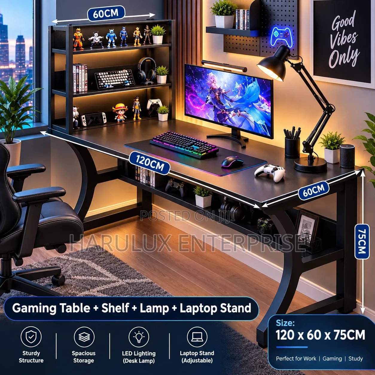 4-in-1 Gaming Desk Combo With Shelf, Desk Lamp Laptop Stand (Black)