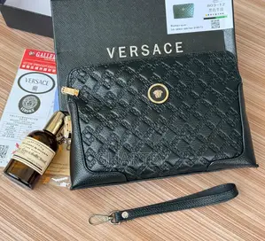 Versace Men’s Luxury Black Wristlet Wallet – Gold Medusa Detail