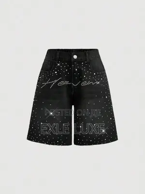 Black Rhinestone Denim Shorts for Men