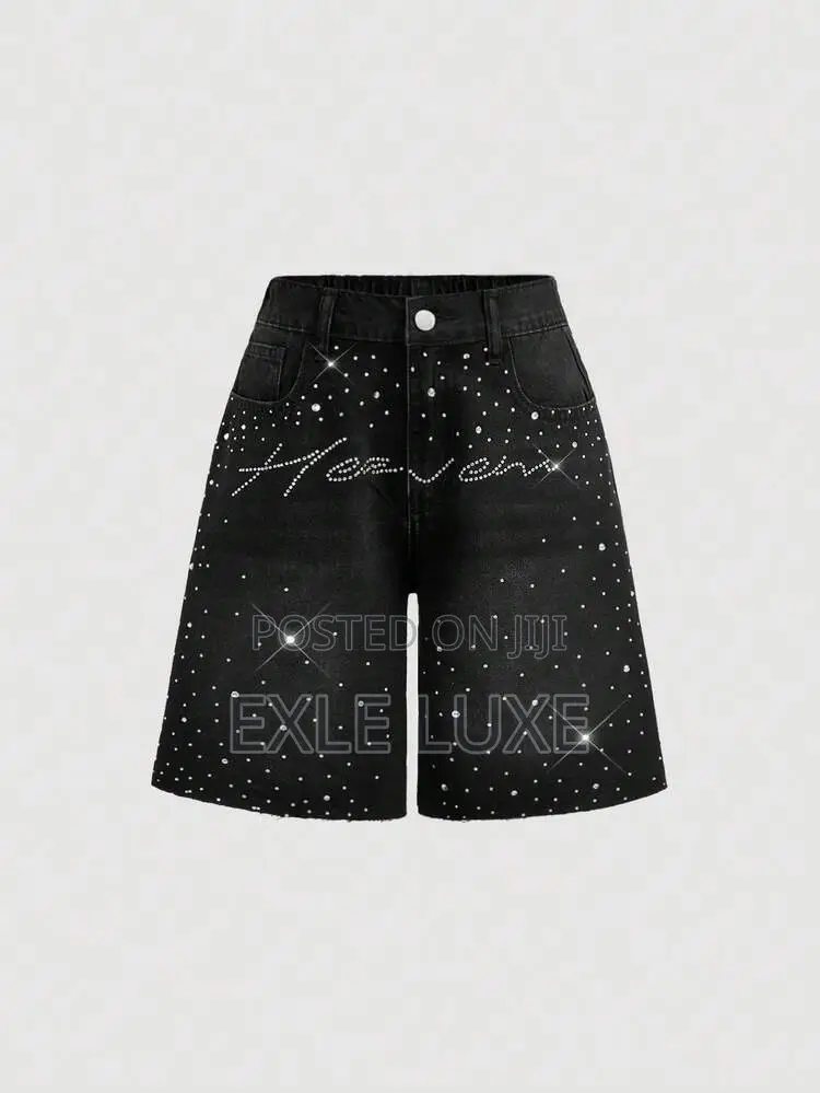 Black Rhinestone Denim Shorts for Men