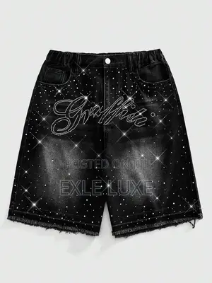 Black Rhinestone Denim Shorts for Men