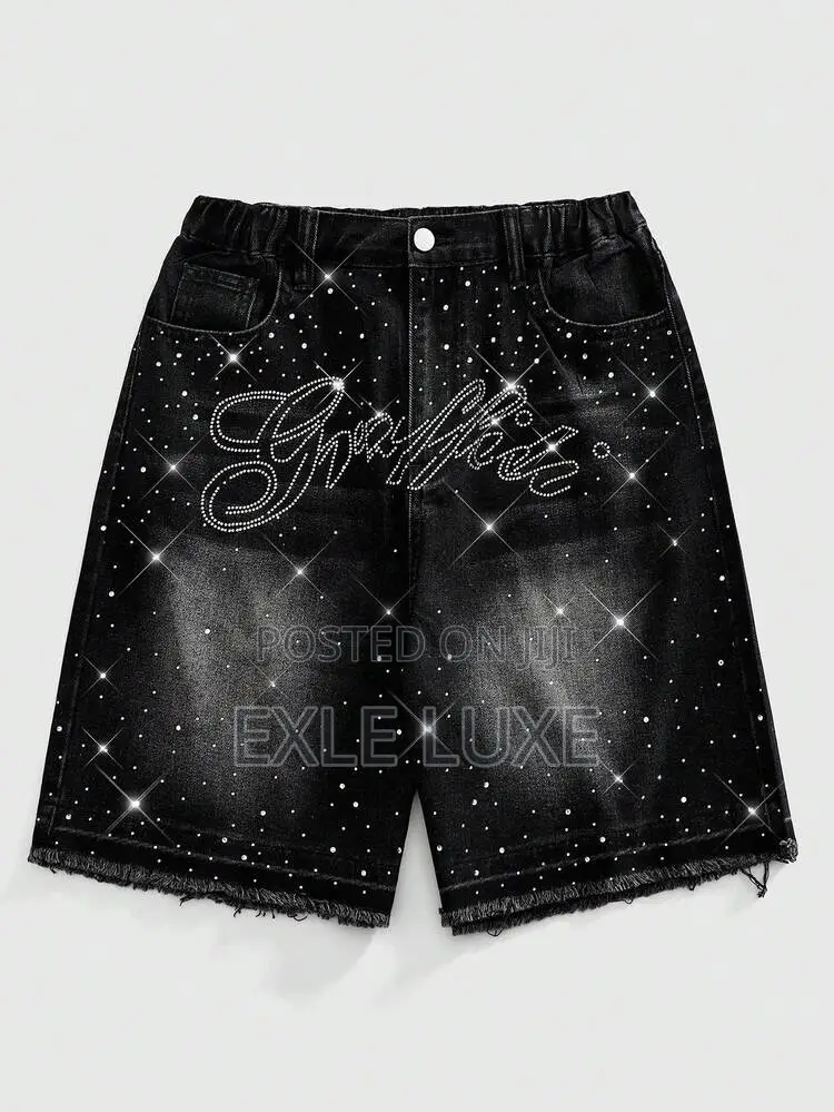 Black Rhinestone Denim Shorts for Men