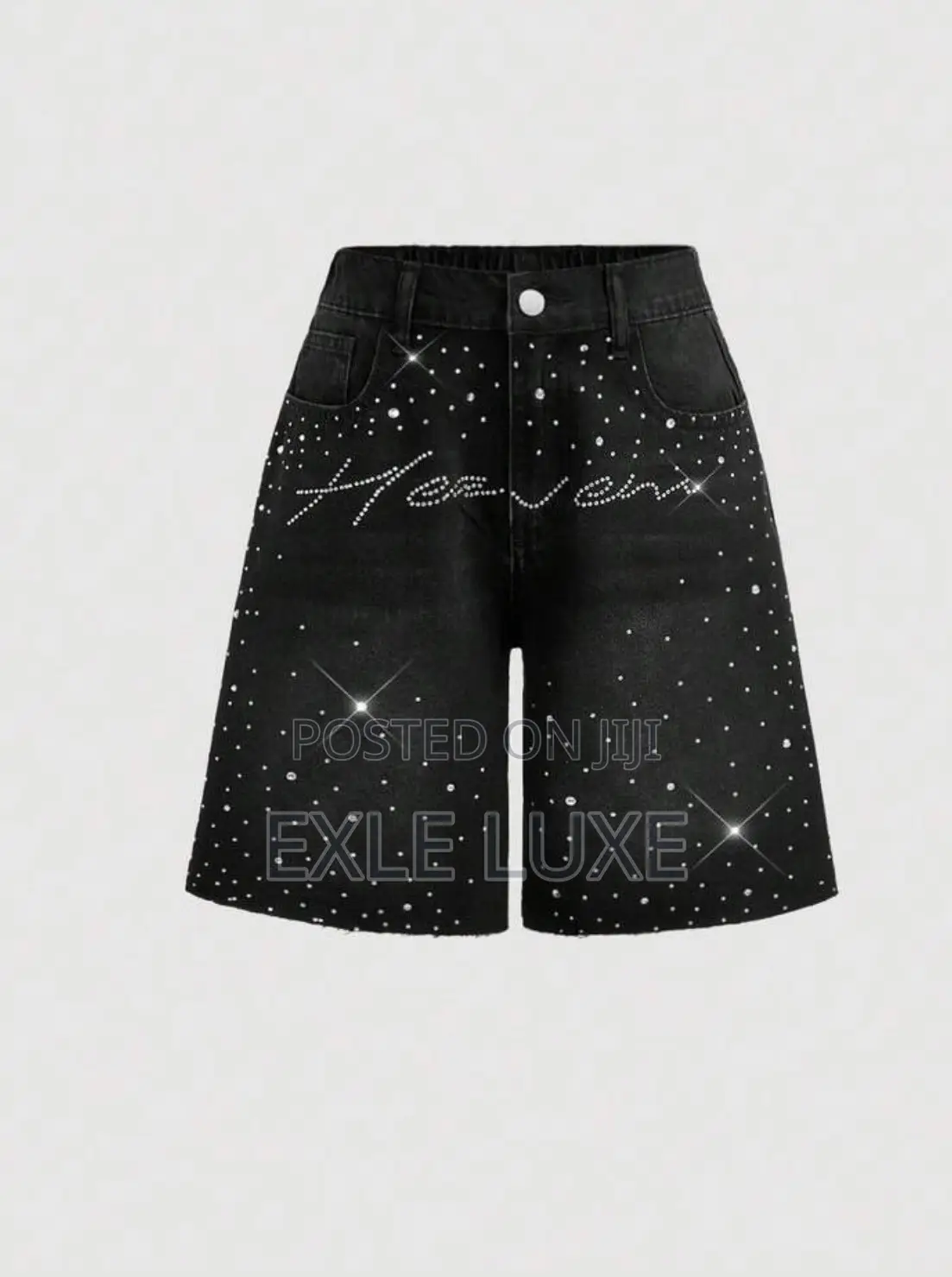 Black Rhinestone Denim Shorts for Men