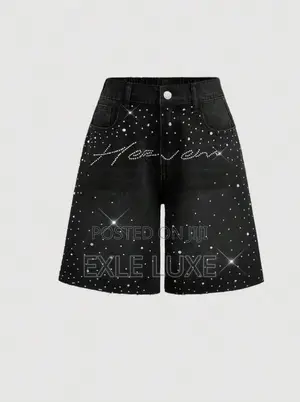 Black Rhinestone Denim Shorts for Men