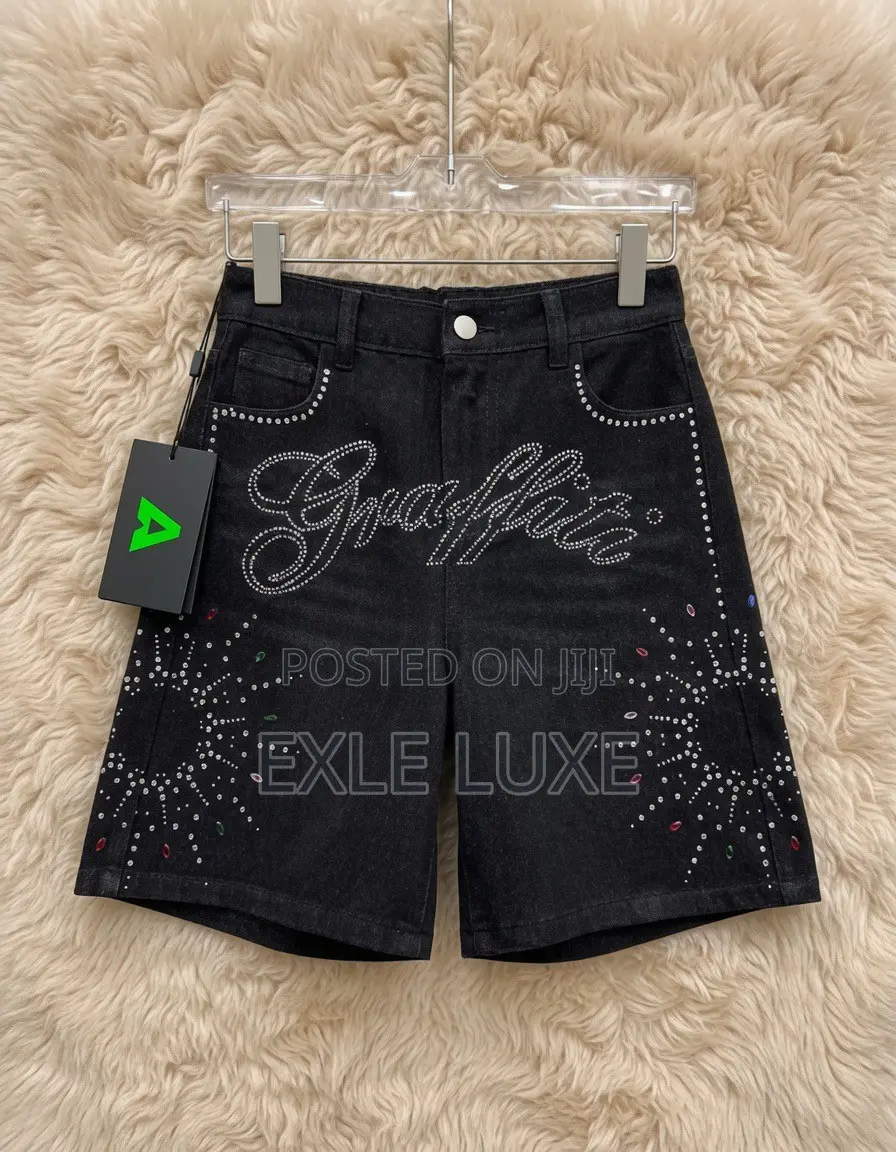 Black Rhinestone Denim Shorts for Men