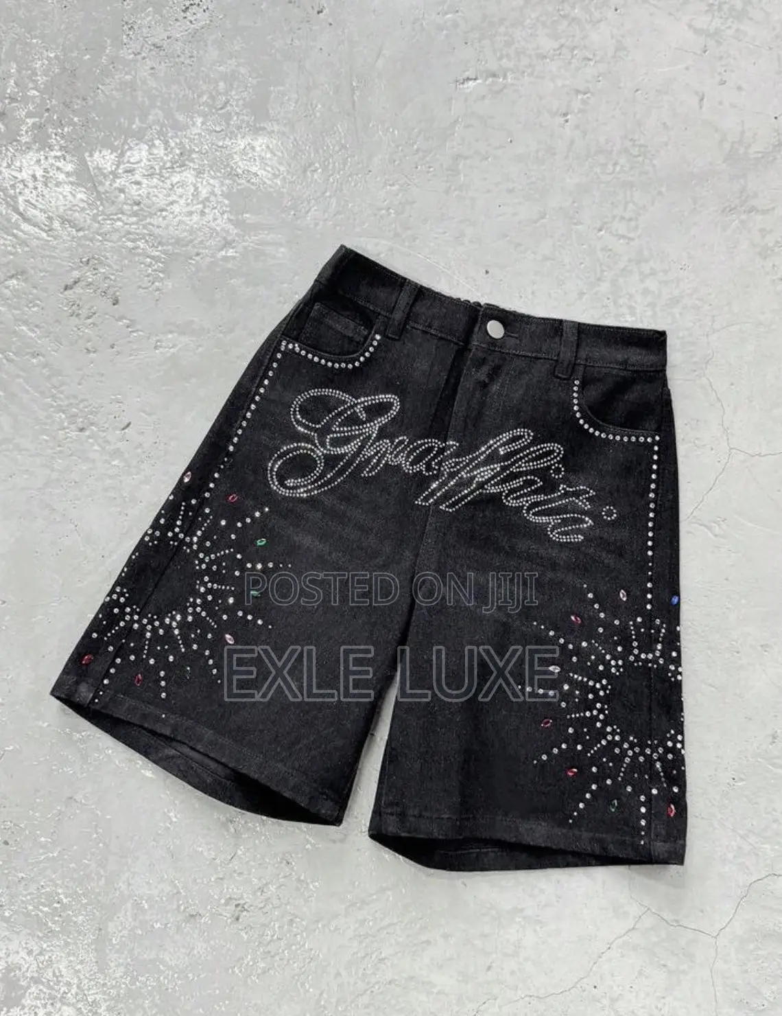 Black Rhinestone Denim Shorts for Men