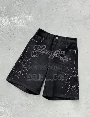 Black Rhinestone Denim Shorts for Men