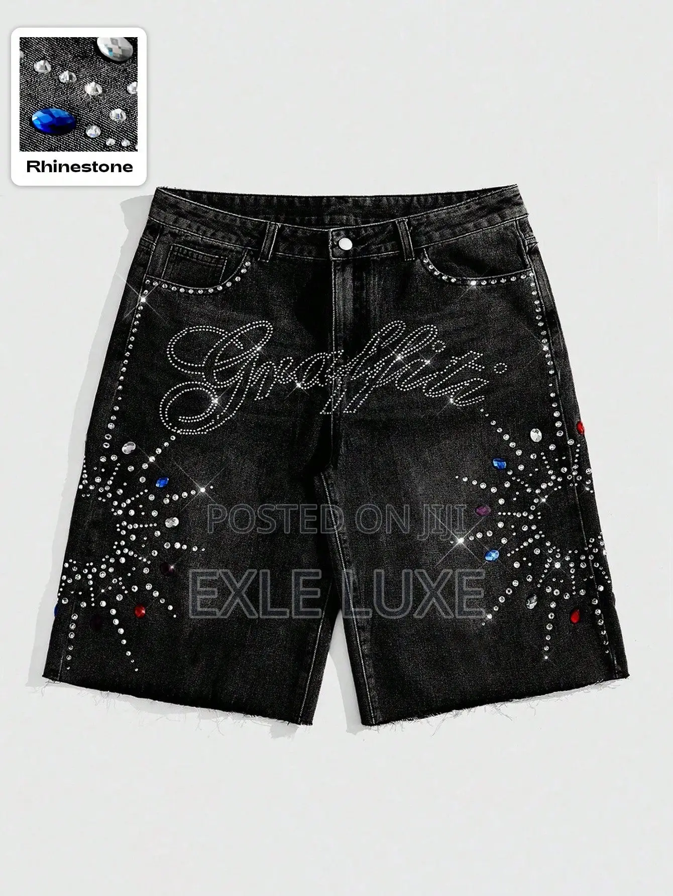 Black Rhinestone Denim Shorts for Men