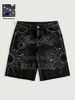 Black Rhinestone Denim Shorts for Men