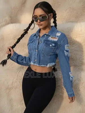 Distressed Cropped Denim Jacket – Medium Wash Women’s Jacket