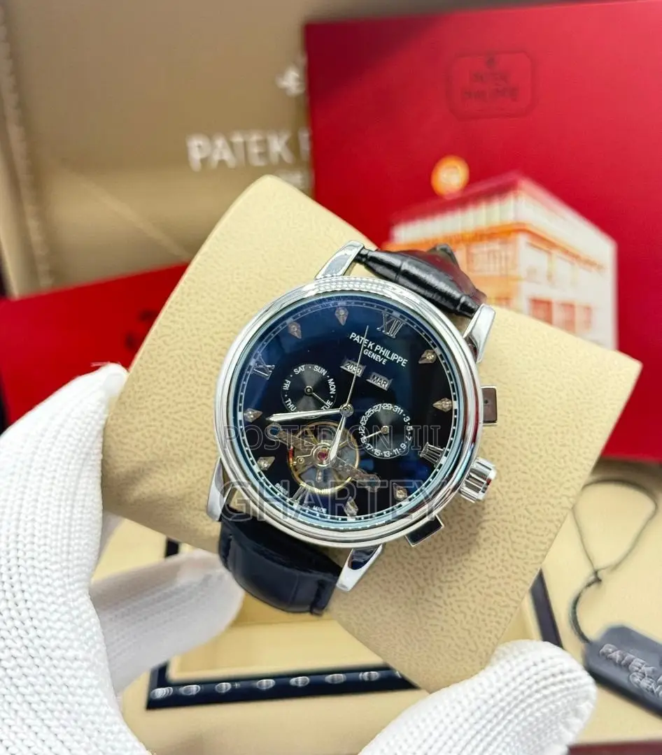 Luxury Patek Philippe-Style Automatic Dress Watch Black Strap