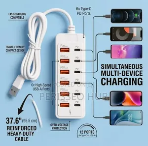 12-Port Fast USB Charging Station – 6x Type-C PD + 6x USB-A Power Hub