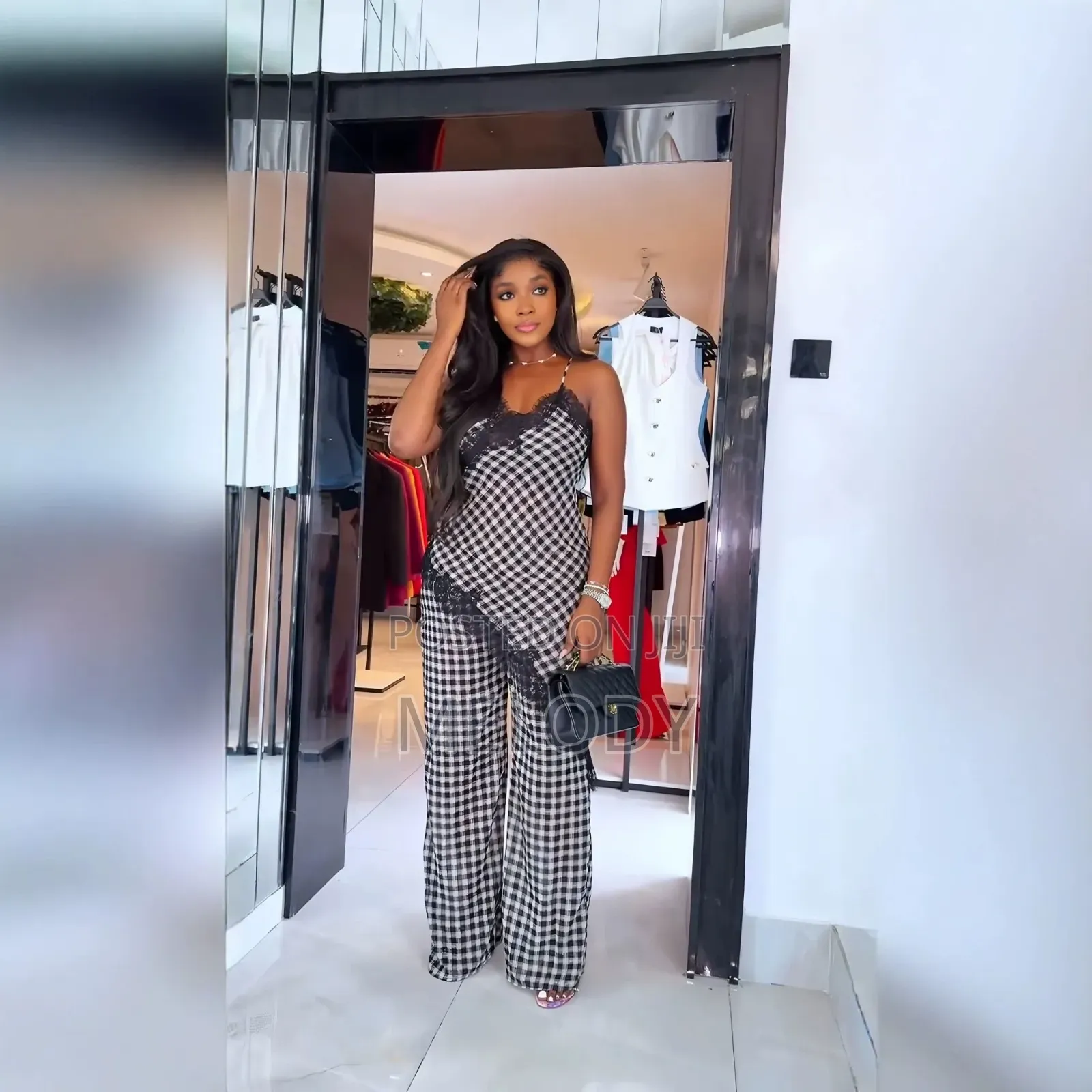 Black and White Gingham Lace Trim Jumpsuit