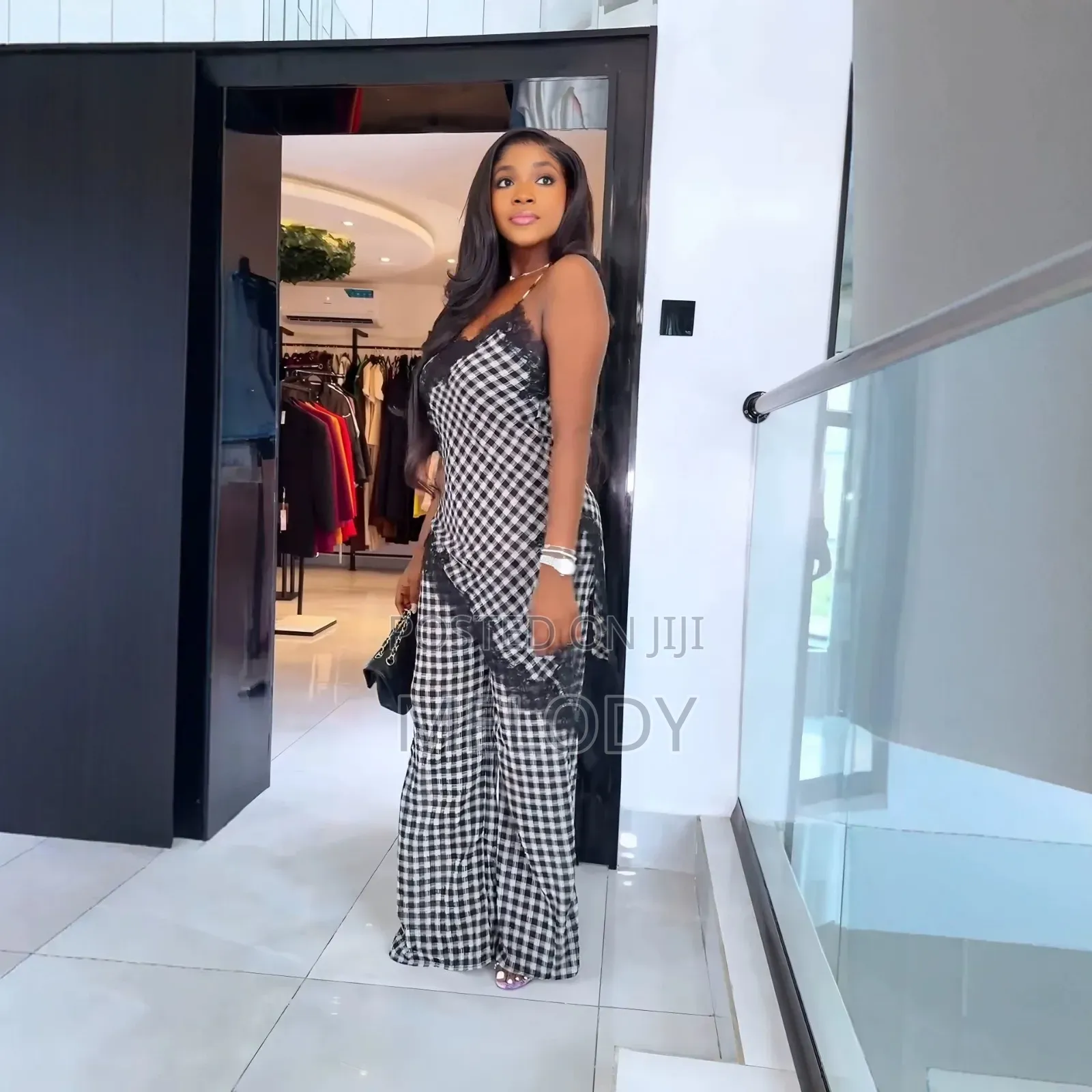 Black and White Gingham Lace Trim Jumpsuit