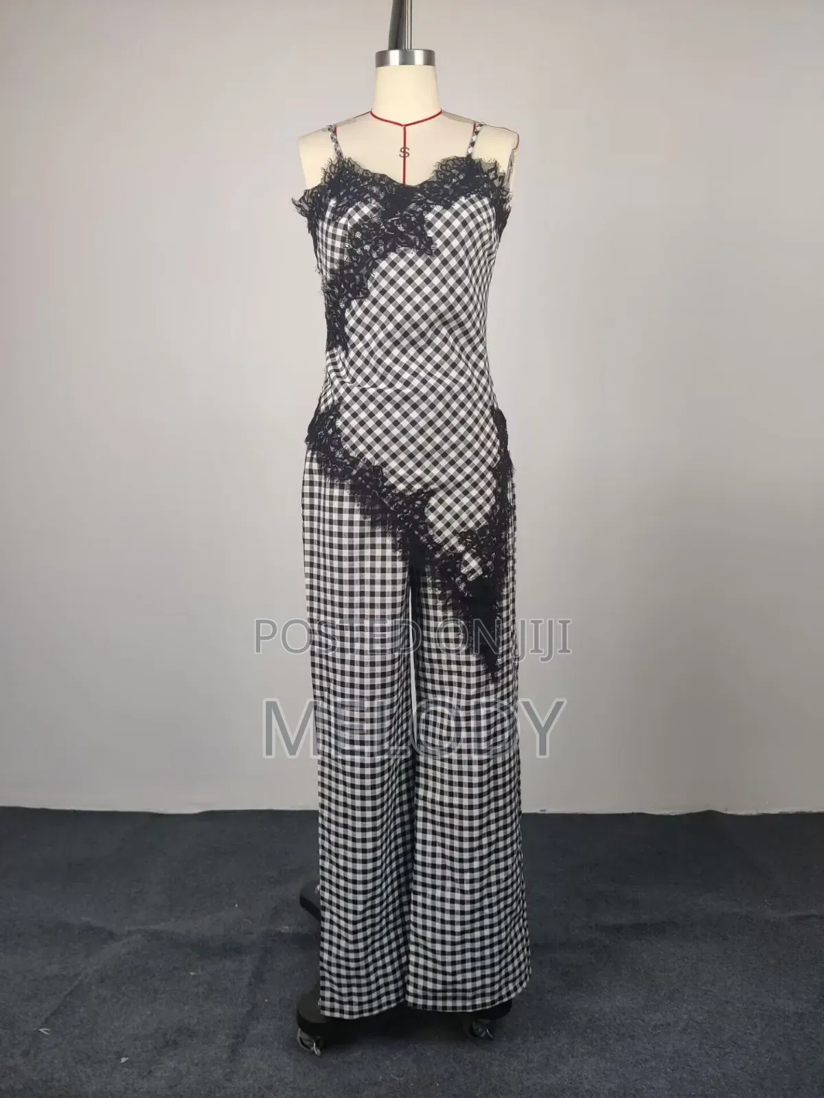 Black and White Gingham Lace Trim Jumpsuit