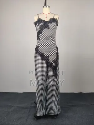 Black and White Gingham Lace Trim Jumpsuit