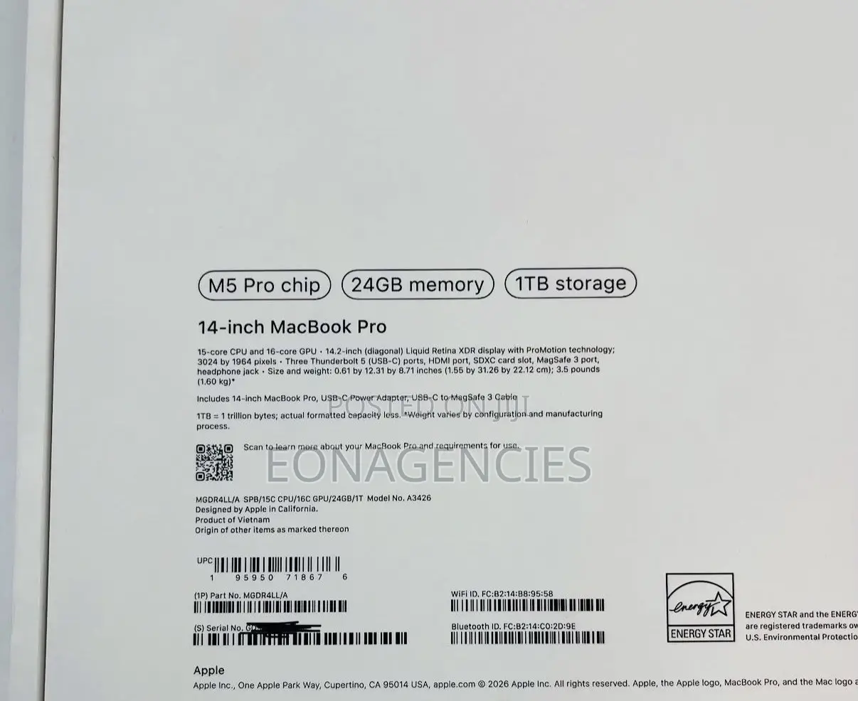 New Laptop Apple MacBook Pro 2026 M5 Pro 24GB Apple M5 Pro SSD 1T