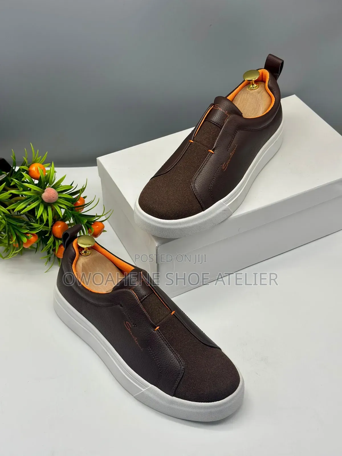 Santoni Premium Leather Slip-on Sneakers.