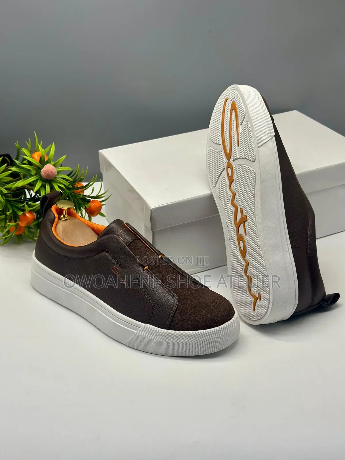 Santoni Premium Leather Slip-on Sneakers.
