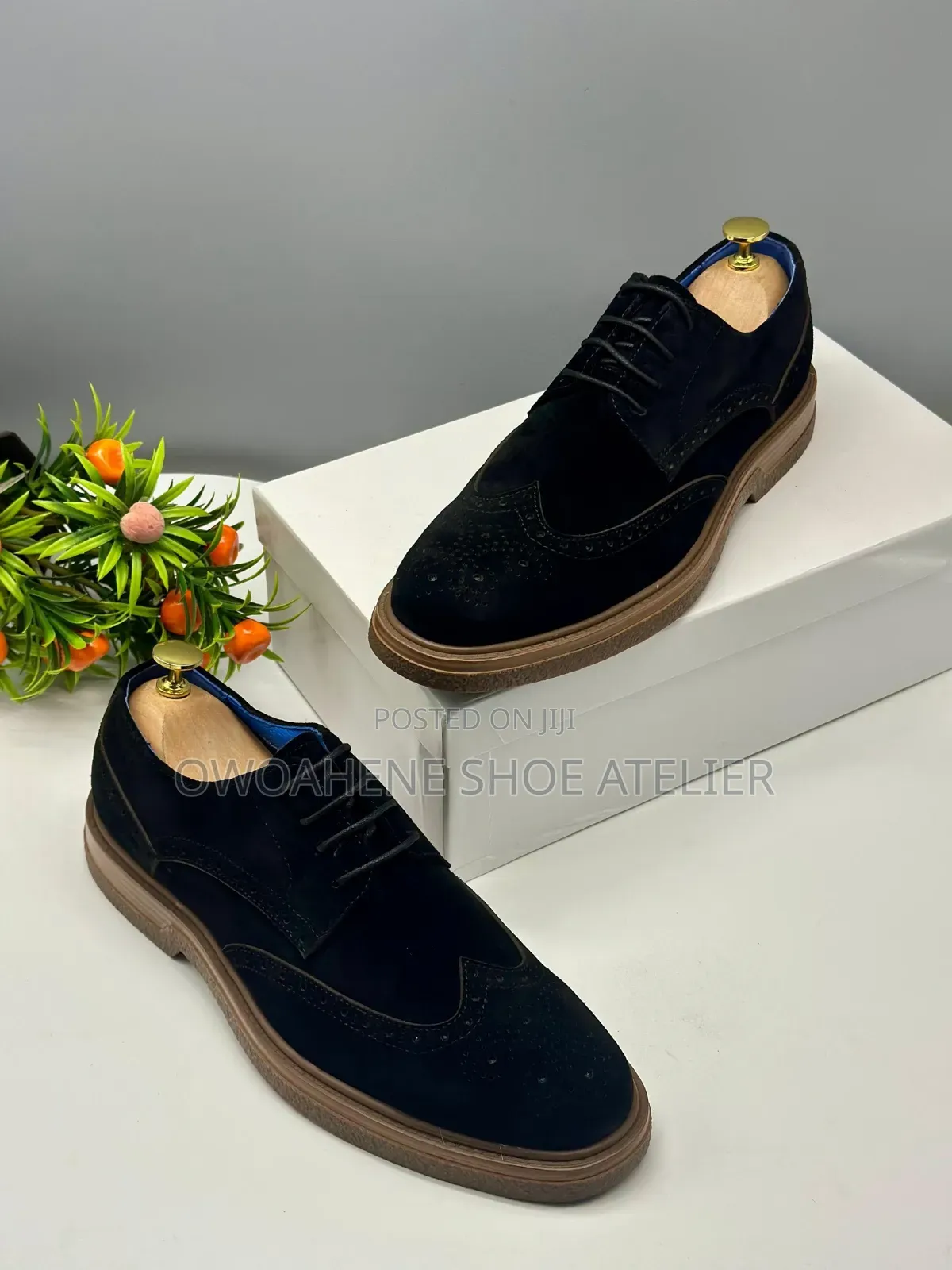 Men's Black Suede Wingtip Brogue Derby Shoes