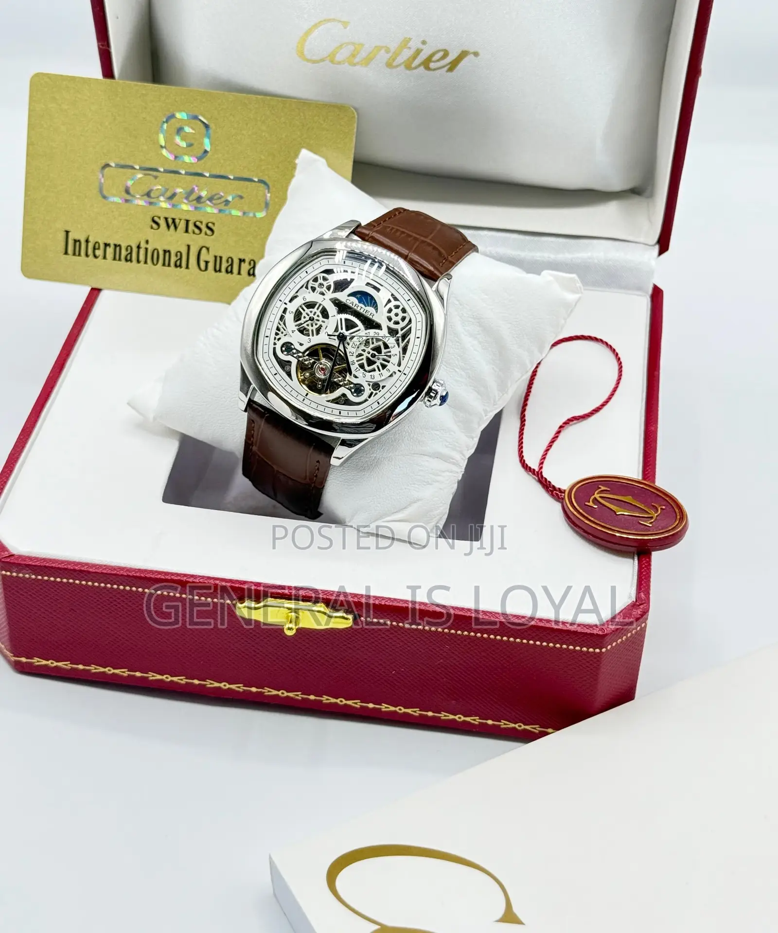 Cartier Silver Skeleton Mechanical Wristwatch Brown Leather Strap