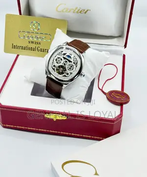 Cartier Silver Skeleton Mechanical Wristwatch Brown Leather Strap
