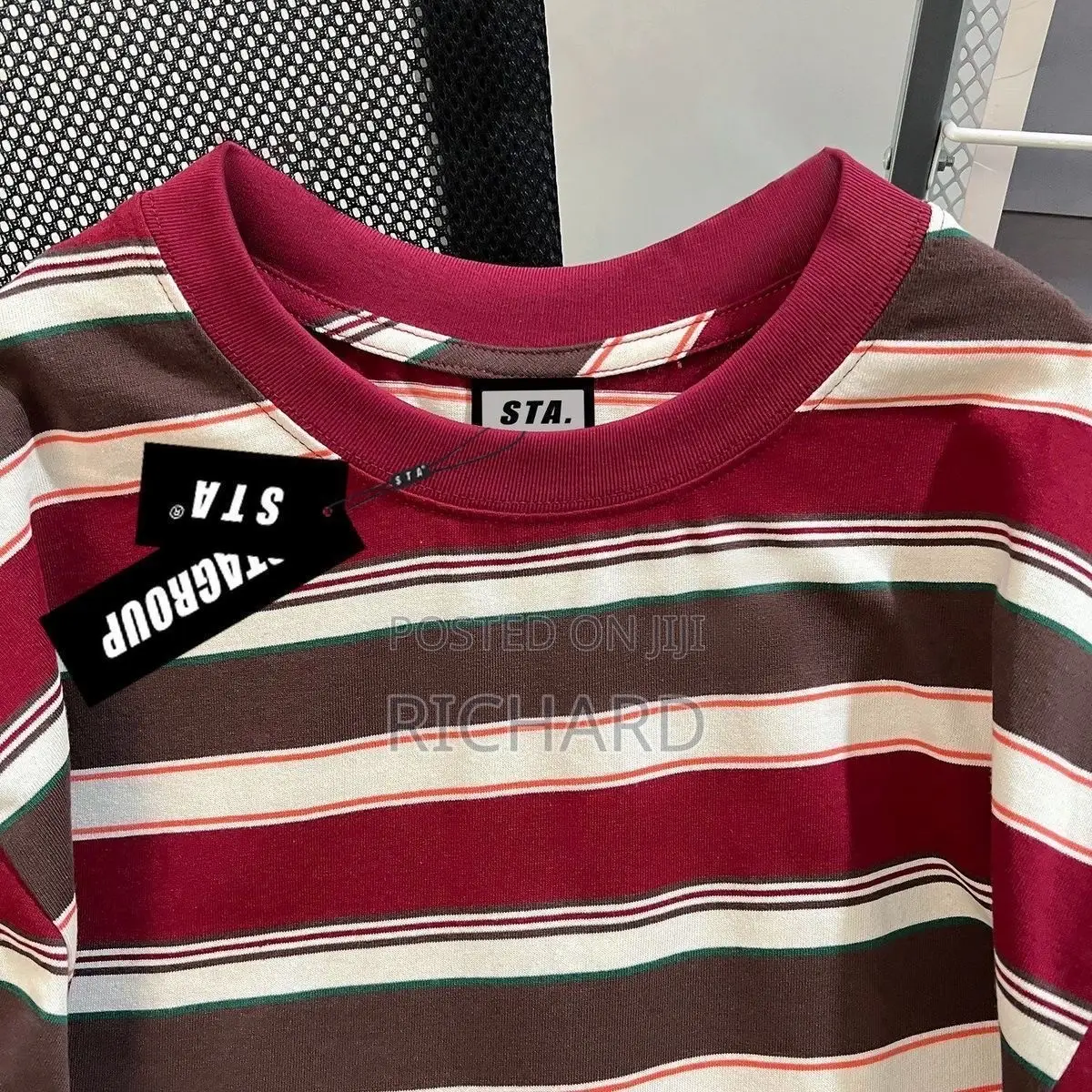 Oversized Retro Striped Crewneck T-Shirt in Burgundy Brown