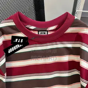 Oversized Retro Striped Crewneck T-Shirt in Burgundy Brown